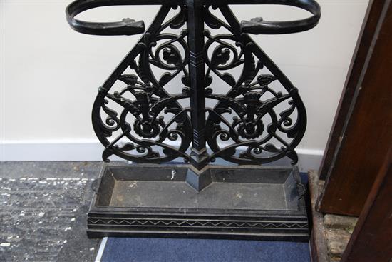 A Coalbrookdale black painted cast iron hall stand, designed by Dr Christopher Dresser, c.1867, H.5ft 6in.